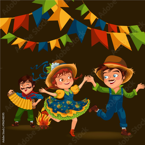 Young woman dancing salsa on festivals celebrated in Portugal Festa de Sao Joao, man play on sanfona near bonfire traditional fiesta dance, holiday party dancer, festive people carnaval vector