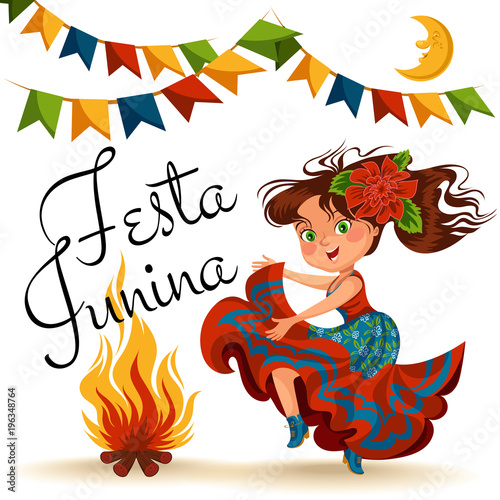Young woman dancing salsa on festivals celebrated in Brazil Festa Junina, girl wear flower in head traditional fiesta dance, holiday party dancer, festive people carnaval vector illustration