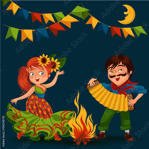 Young woman dancing salsa on festivals celebrated in Brazil Festa Junina, man play on sanfona near bonfire traditional fiesta dance, holiday party dancer, festive people carnaval vector illustration