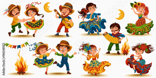 Young woman dancing salsa on festivals celebrated in Portugal Festa de Sao Joao, man play on sanfona near bonfire traditional fiesta dance, holiday party dancer, festive people carnaval vector photo