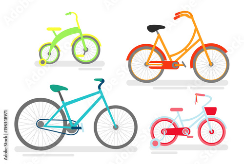 Vector illustration set of bicycles, bike cycling cyclist, transportation type, bicycles in bright green, pink and blue colors for kids and adults in cartoon style.