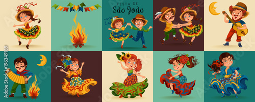 Young woman dancing salsa on festivals celebrated in Brazil Festa Junina, man play on sanfona near bonfire traditional fiesta dance, holiday party dancer, festive people carnaval vector illustration