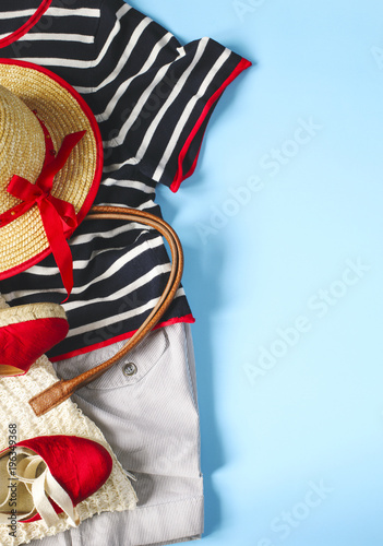 Fashionable woman summer clothes and accessories, flat lay, top view
