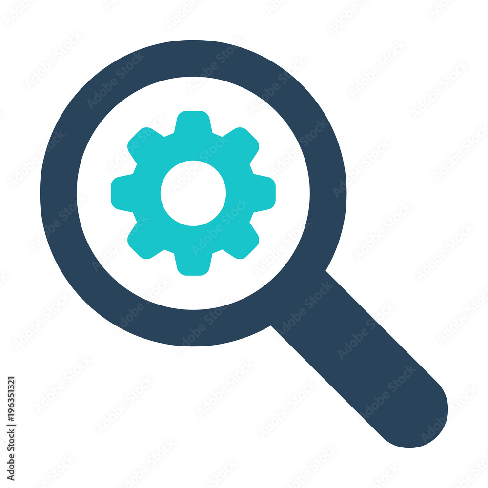 Magnifying glass icon with settings sign. Magnifying glass icon and customize, setup, manage, process symbol Magnifying glass icon with settings sign. Magnifying glass icon and customize, setup, manage, process symbol