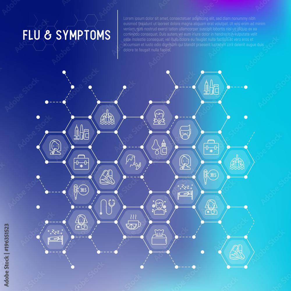 Flu and symptoms concept in honeycombs thin line icons: temperature, chills, heat, runny nose, doctor with stethoscope, nasal drops, cough, phlegm in the lungs. Vector illustration for medical report.