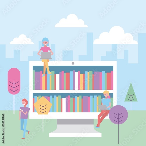 people in the park with computer books online vector illustration