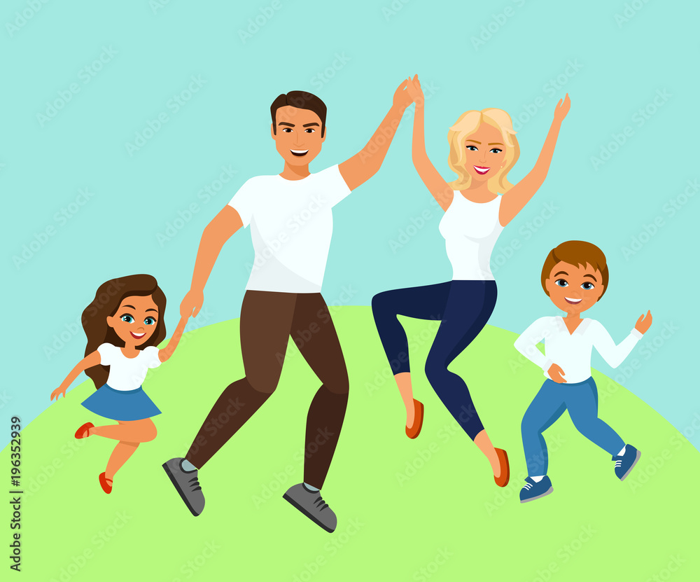 Vector illustration of Joyful family jumping. Happy and smiling dad mom daughter and son holding hands jumped in cartoon flat design.
