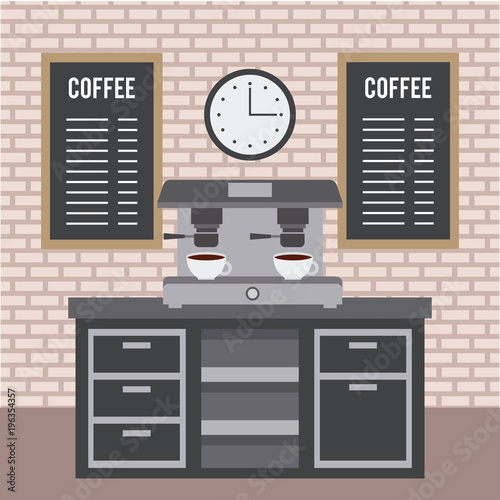 coffee shop interior furniture machine espresso beverage menu and clock vector illustration