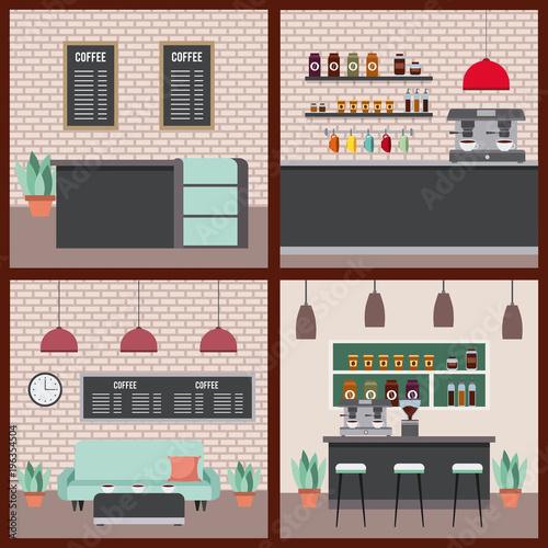 Fototapeta Naklejka Na Ścianę i Meble -  coffee shop interior set differents scenary vector illustration