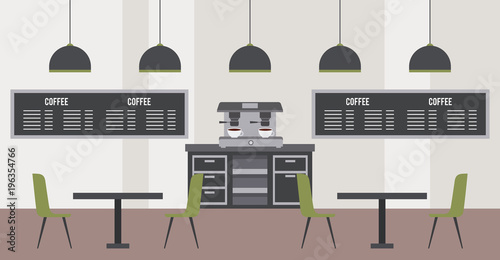 coffee shop interior modern restaurant tables chairs boards machine and lamps vector illustration
