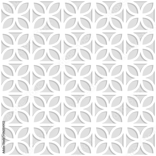 Gray and white laser cut paper trefoil leaves lattice geometric seamless pattern, vector