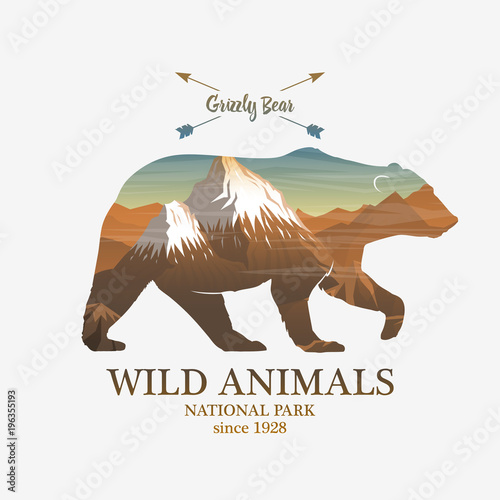 Mountains and bear, silhouette wild animal. Multiple or double exposure. Old label or badge. Journey, travel by nature. Badge or emblem, logo or label for your design.