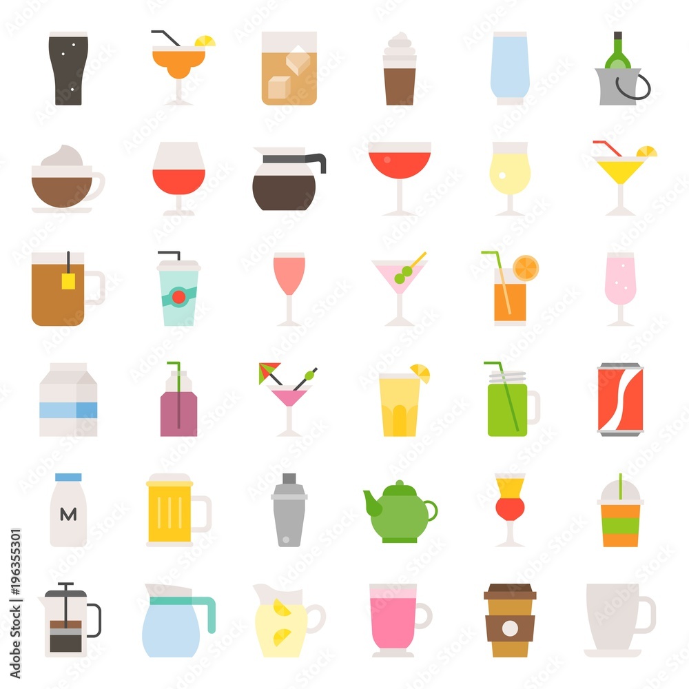 beverage and glass set, flat icon vector beverage and glass set, flat icon vector