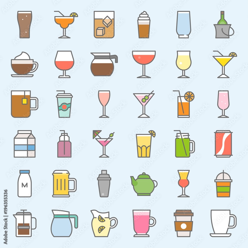 beverage and glass set, filled bold line icon vector beverage and glass set, filled bold line icon vector
