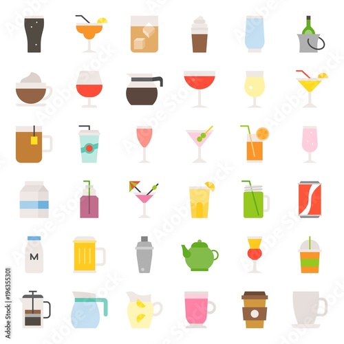 beverage and glass set, flat icon vector