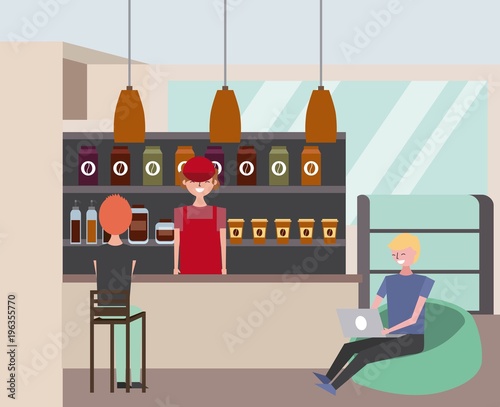 coffee shop interior with barista customer sitting in padded stools vector illustration