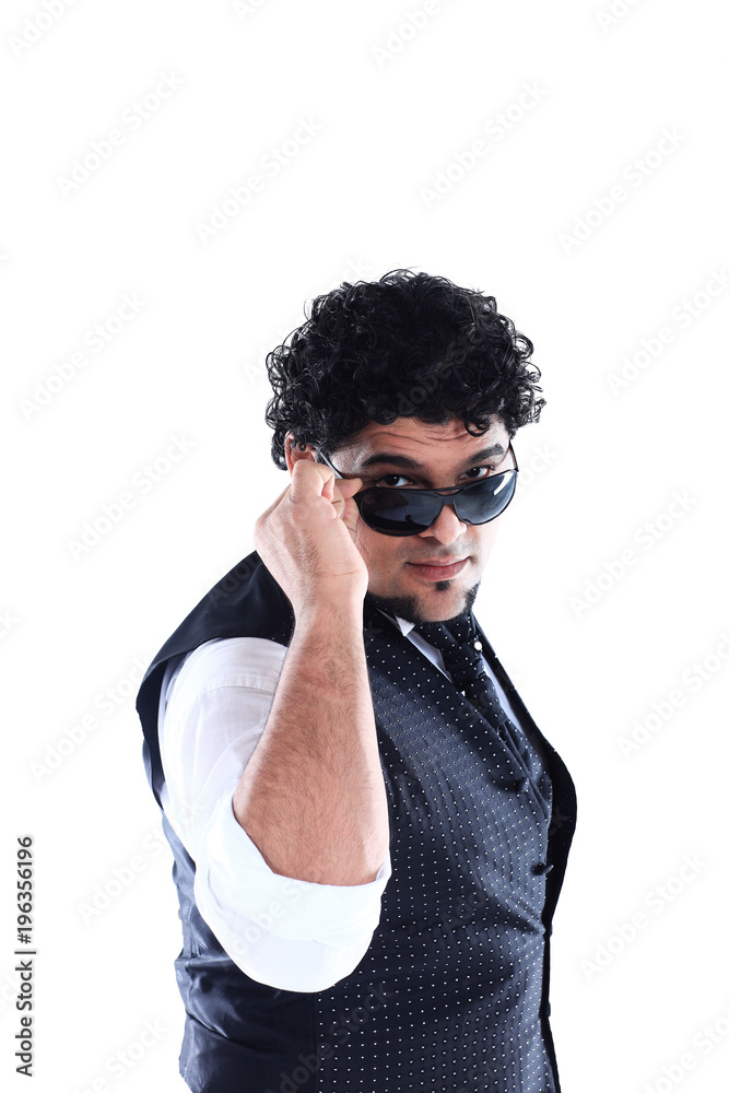 portrait of a DJ in a stylish black glasses on a white background