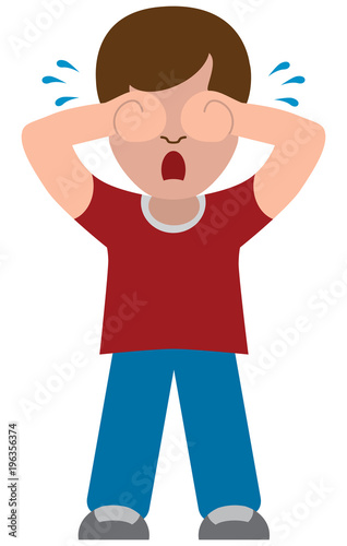 An unhappy flat vector cartoon boy is crying his eyes out