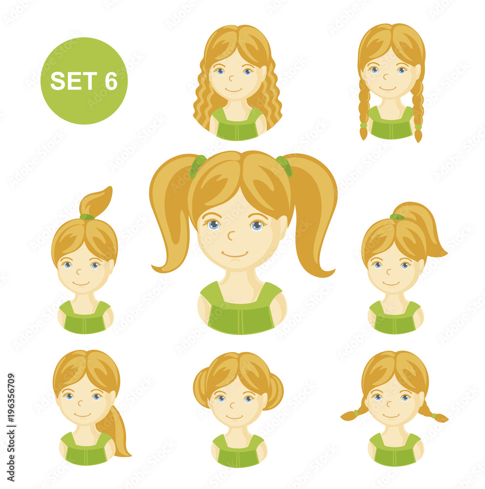 Cute blonde little girls with various hair style. Set of children's faces. Vector illustration. Cute blonde little girls with various hair style. Set of children's faces. Vector illustration.