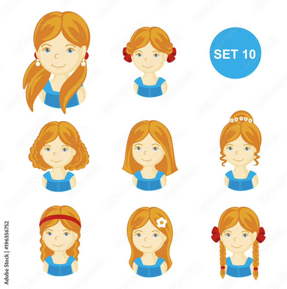 Cute ginger little girls with various hair style. Set of children's faces. Vector illustration. Cute ginger little girls with various hair style. Set of children's faces. Vector illustration.