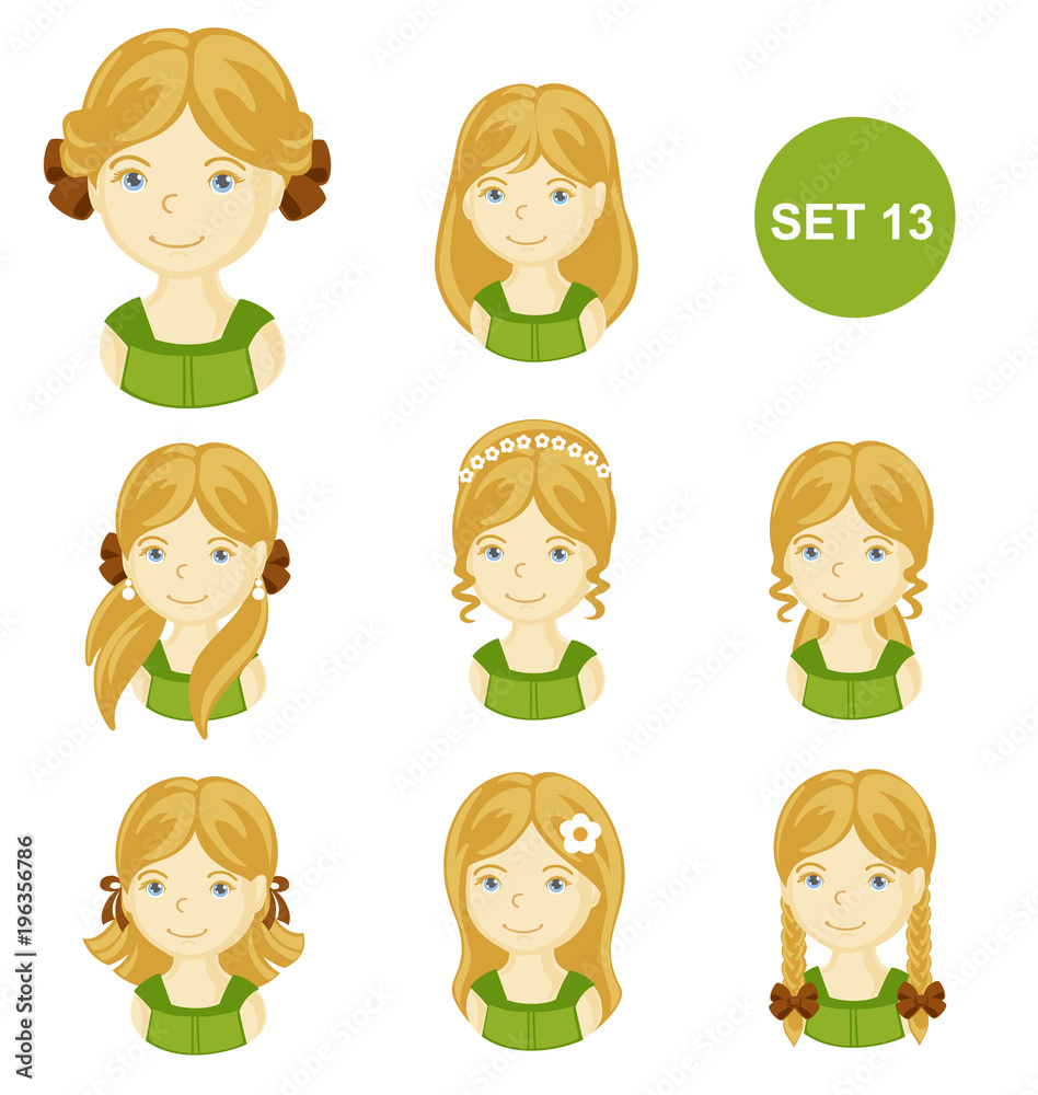Cute blonde little girls with various hair style. Set of children's faces. Vector illustration. Cute blonde little girls with various hair style. Set of children's faces. Vector illustration.