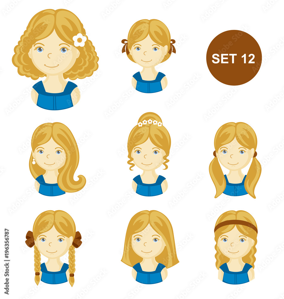Cute blonde little girls with various hair style. Set of children's faces. Vector illustration. Cute blonde little girls with various hair style. Set of children's faces. Vector illustration.