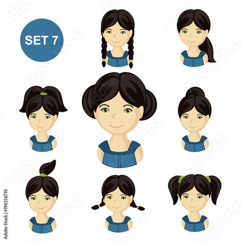 Cute little girls with black hair and various hair style. Set of children's faces. Vector illustration.