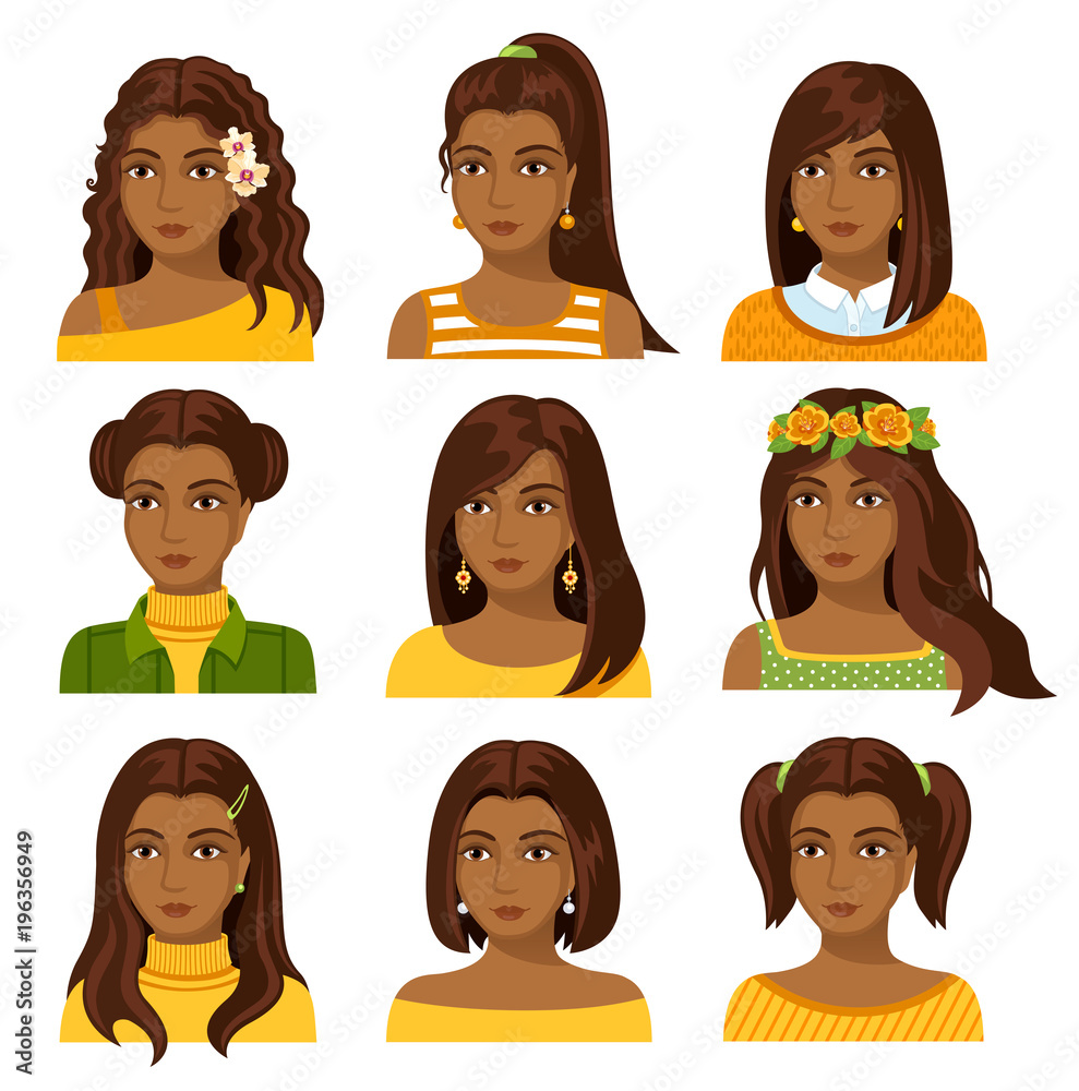 Set of african woman faces with various hairstyle. Collection of young girls  portraits. Different avatars of african girls with different haircut. Indian  girl. Vector illustration. Stock Vector | Adobe Stock
