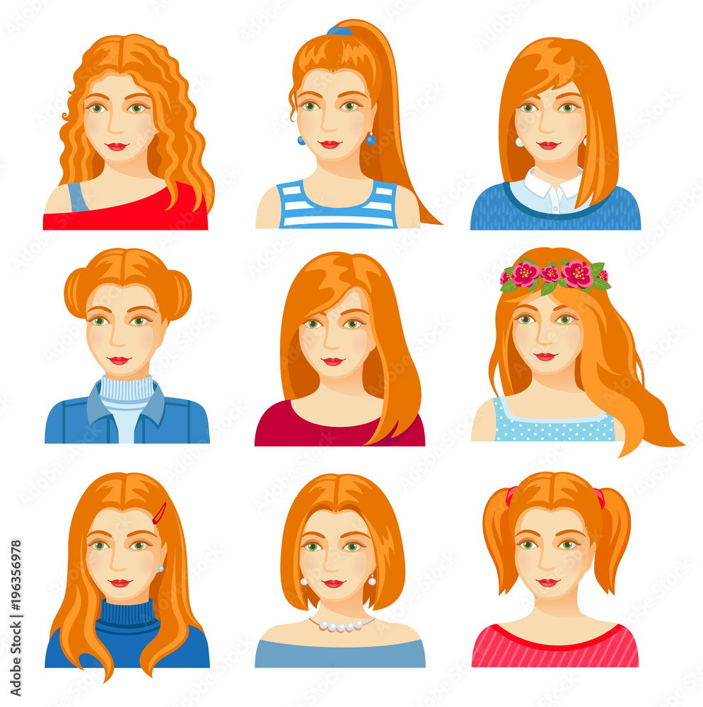 Set of woman faces with various hairstyle. Collection of young girls portraits. Different avatars of ginger girls. Vector illustration. Set of woman faces with various hairstyle. Collection of young girls portraits. Different avatars of ginger girls. Vector illustration.
