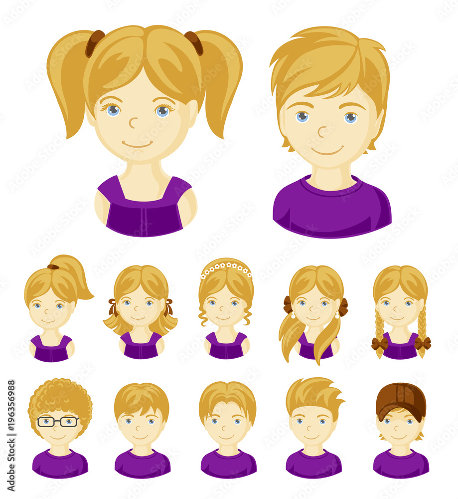 Collection of portraits kids. Children face set. Vector illustration set of different avatars of blonde boys and girls on a white background. Vector illustration. Collection of portraits kids. Children face set. Vector illustration set of different avatars of blonde boys and girls on a white background. Vector illustration.
