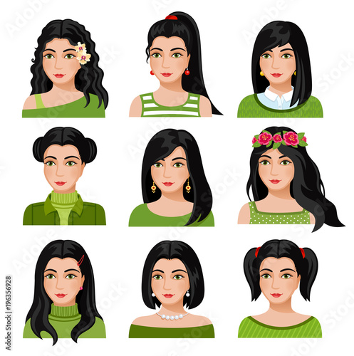 Set of woman faces with various hairstyle. Collection of young girls portraits. Different avatars of black-haired girls. Vector illustration.