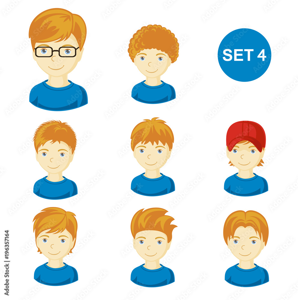 Cute ginger little boys with various hair style. Set of children's faces. Vector illustration. Cute ginger little boys with various hair style. Set of children's faces. Vector illustration.