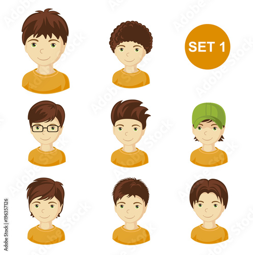Cute brunet little boys with various hair style. Set of children's faces. Vector illustration.