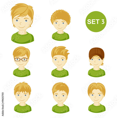 Cute blonde little boys with various hair style. Set of children's faces. Vector illustration.