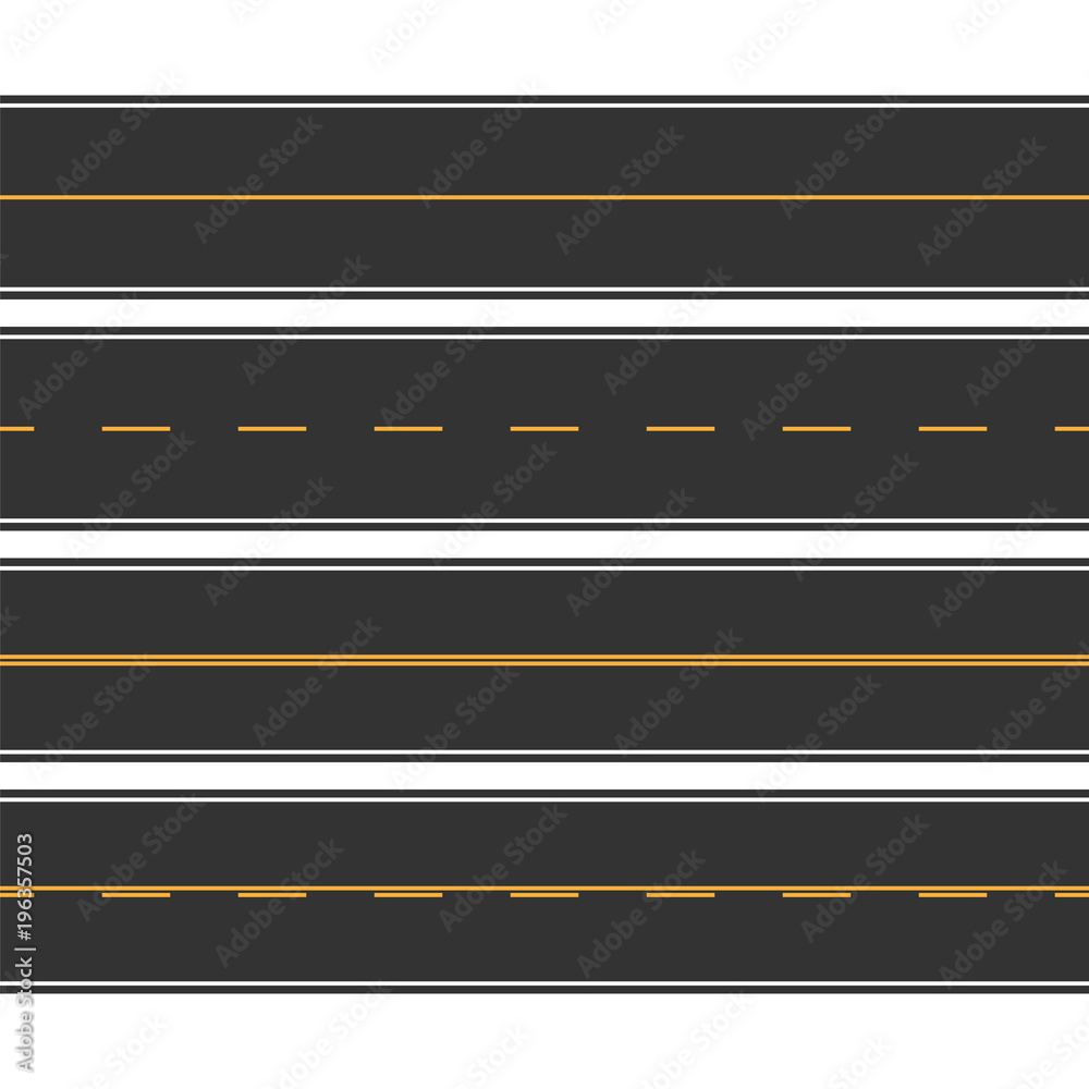Asphalt straight seamless roads with marking set. Vector illustr Asphalt straight seamless roads with marking set. Vector illustr