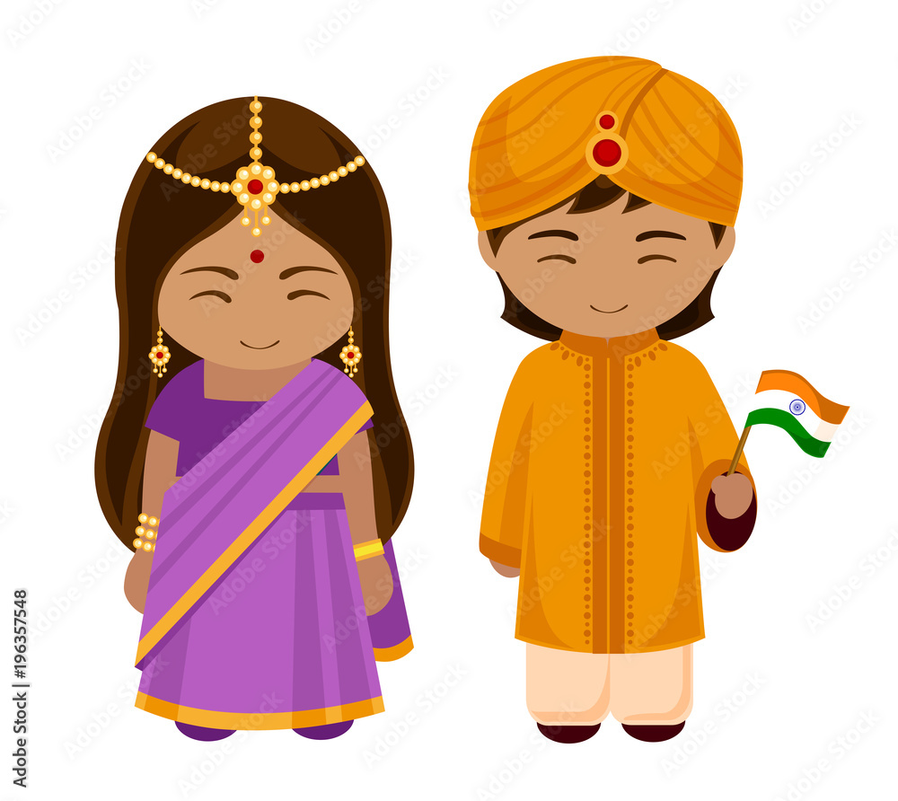 Indians in national dress with a flag. A man and a woman in traditional  costume. Cartoon characters. Vector illustration. Stock Vector | Adobe Stock