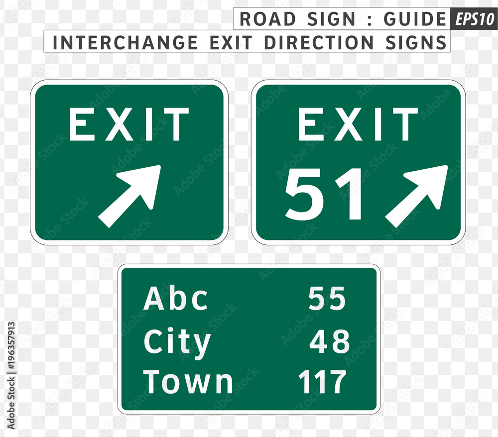 Road sign. Guide. Interchange Exit Direction Signs.  Vector illustration on transparent background