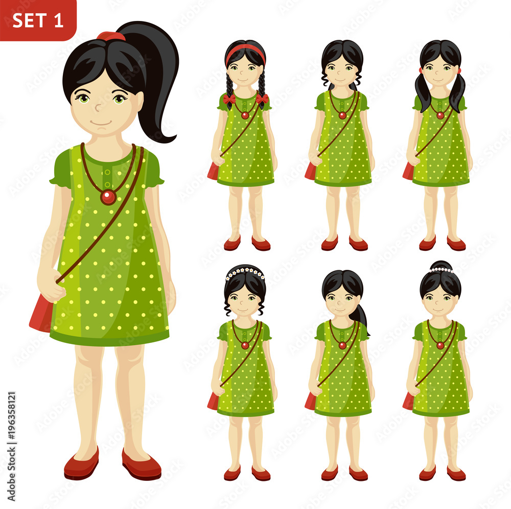 Collection of cute little girls with different hairstyles. Full-length  portrait. Set of cartoon characters. Vector illustration. Stock Vector |  Adobe Stock