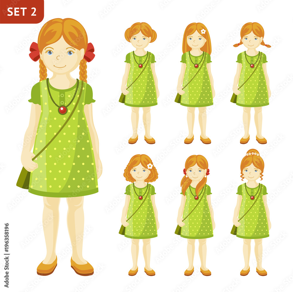 Collection of cute ginger little girls with different hairstyles. Full-length portrait. Set of cartoon characters. Vector illustration.