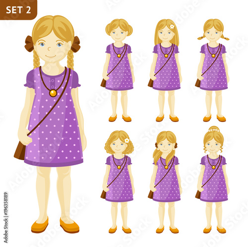 Collection of cute little blonde girls with different hairstyles. Full-length portrait. Set of cartoon characters. Vector illustration.