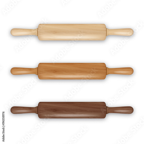 Vector realistic 3D wooden rolling pin icon set closeup isolated on white background. Top view. Design template for graphics
