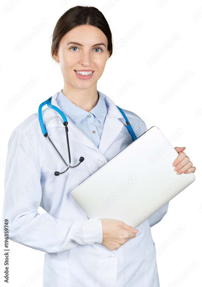 Female Doctor Holding Laptop. Isolated On White Female Doctor Holding Laptop. Isolated On White