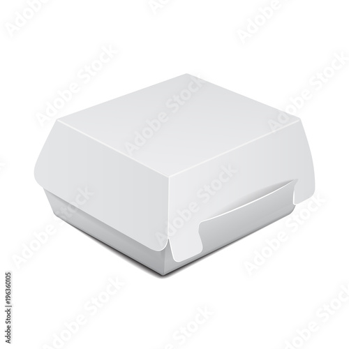 White food box, packaging for burger, lunch, fast food, sandwich. Vector product package on white background