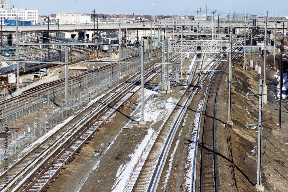 Naklejka premium Railroad tracks line crossing. Top view. New York
