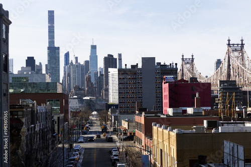 New York City, USA Manhattan cityscape view from subway station in Queens