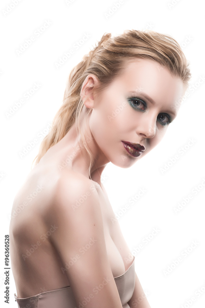 Obraz premium Portrait of beautiful young blond woman with clean face. High key shot.