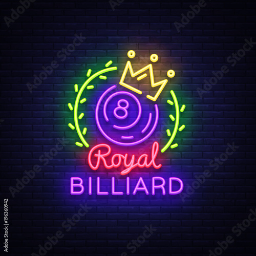 Billiards neon sign. Royal Billiards logo in neon style, light banner, design template emblem night billiard, bright nightlife advertisement, design element for your projects. Vector illustration