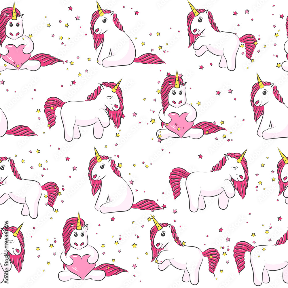 Seamless pattern with cute magical unicorns. Background for kids design. Pattern can be used for wallpaper, web page, surface textures, package