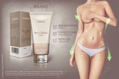 Design of web banner of anti-cellulite cream in tube with box. Advertising of means for care of body skin for women. Concept vector illustration of cosmetic cream with woman in white panties.