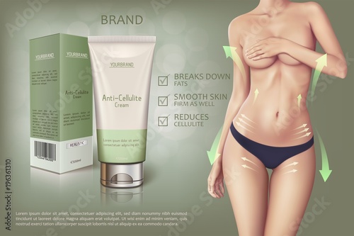 Design of web banner of anti-cellulite cream in tube with box. Advertising of means for care of body skin for women. Concept vector illustration of cosmetic cream with woman in black panties.